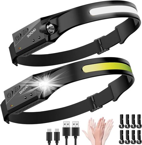 DOCHO Rechargeable Headlamp, 230° Wide Beam Head Lamp, Motion Sensor LED Headlights, 5 Modes Headlamps for Adults, Bright Head Lights for Forehead, Hard Hat Headlight, Camping Essentials Gear in Saudi Arabia