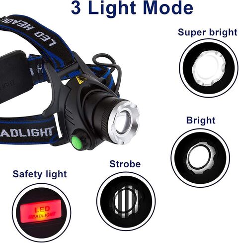 مصباح أمامي LED، 1800 لومن قابل للتكبير ومقاوم للماء، مصباح أمامي LED، مصباح أمامي بدون استخدام اليدين للمشي لمسافات طويلة والتخييم والصيد والقراءة والجري وركوب الدراجات in Kuwait