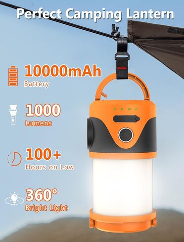 10000 mAh Rechargeable Camping Light with 9 Kinds of Lights, Camping Lantern for Tent, Power Bank, Flashlight, Portable Camping Lamp for Hurricane Emergency, Hiking, USB Cable Included in Kuwait