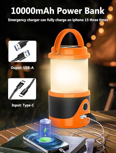 10000 mAh Rechargeable Camping Light with 9 Kinds of Lights, Camping Lantern for Tent, Power Bank, Flashlight, Portable Camping Lamp for Hurricane Emergency, Hiking, USB Cable Included in Kuwait