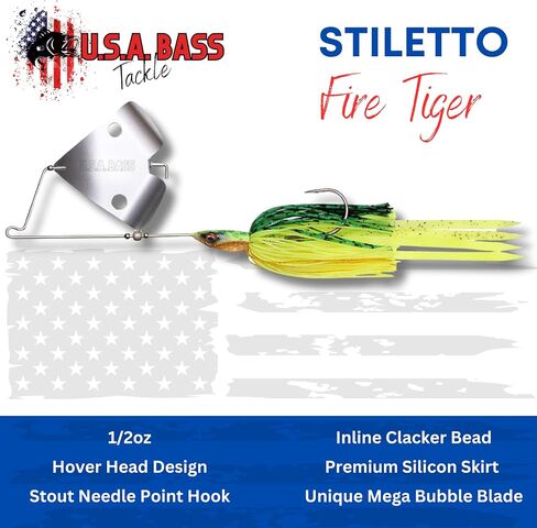 Stiletto Buzzbait Largemouth Smallmouth Spotted Bass Premium Fishing Bait Hover Head Custom Silicon Skirt Mega Bubble Blade Clacker Heavy Duty Hook in Saudi Arabia