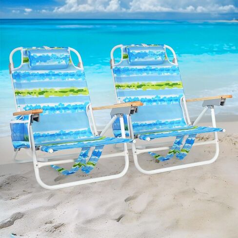 Tatub Backpack Beach Chairs for Adults 2 Pack, 5-Position Lay Flat Beach Chairs with Cup Holder, Low Beach Chair with Armrest and Headrest, Lightweight Folding Beach Chairs Set of 2, Support 300 LBS in Kuwait