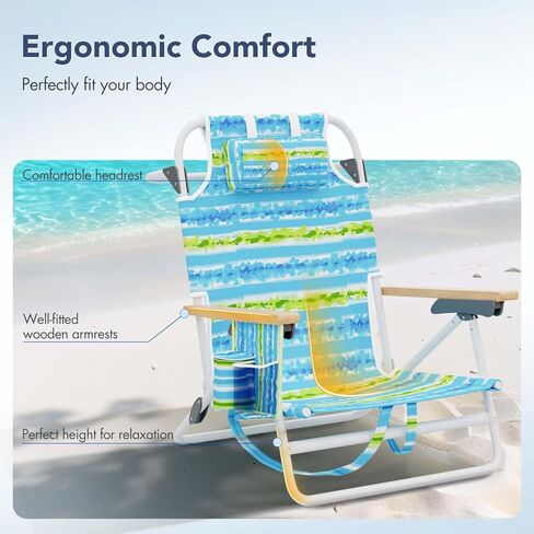 Tatub Backpack Beach Chairs for Adults 2 Pack, 5-Position Lay Flat Beach Chairs with Cup Holder, Low Beach Chair with Armrest and Headrest, Lightweight Folding Beach Chairs Set of 2, Support 300 LBS in Kuwait