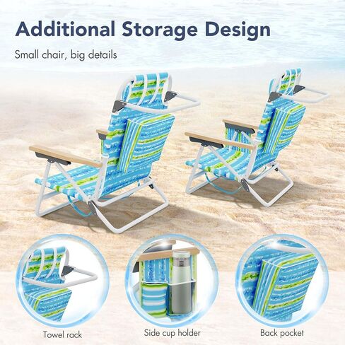 Tatub Backpack Beach Chairs for Adults 2 Pack, 5-Position Lay Flat Beach Chairs with Cup Holder, Low Beach Chair with Armrest and Headrest, Lightweight Folding Beach Chairs Set of 2, Support 300 LBS in Kuwait