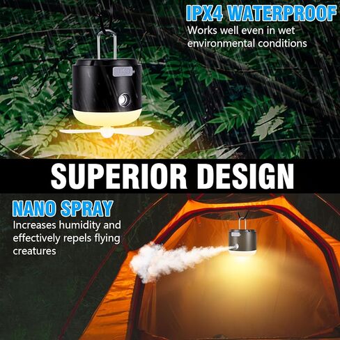 Portable Rechargeable Tent Light, Camping Lights with Magnet Base, 4 Light Modes, IPX4 Waterproof, LED Camping Lantern with Fan & Spray for Power Outages Hurricane Emergency Outdoor, Black in Saudi Arabia