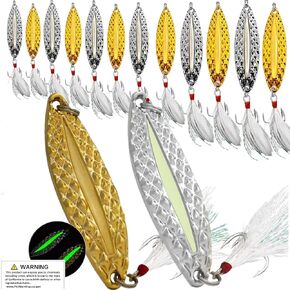 12Pcs/Box Fishing Spoon Silver Gold Colour ，6 Sizes 0.9oz/ 0.7oz /0.52oz/0.36oz/0.25oz/0.19oz Mixed Pack，Luminous/Spinning 2 in 1 for Trout,Bass,Pike,Crappie,Durable Fishing Hooks Lures