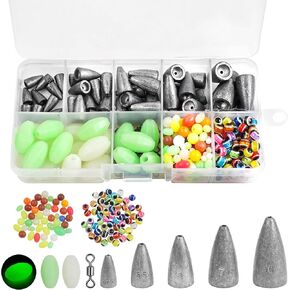 Bullet Fishing Sinkers Weight Assortment for Texas and Carolina Rig,Fishing Rolling Barrel Swivel Fishing Beads Fishing Sinker Weight Saltwater Freshwater 179PCS