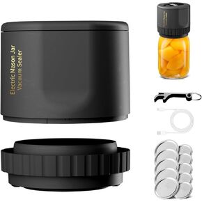 Electric Mason jar Vacuum sealer Kit, Fully automatic kitchen utensils,2000 MAH Rechargeable Vacuum Sealer, Mason Genie Vacuum sealer kit contains 10 jar LIDS, Small Automatic Sealer (Black)