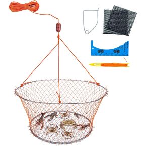 Crab Trap,Foldable Hand Cast Fishing Nets for Crabbing Crayfish Blue Crabs Lobsters,Portable Crab Cage,Crab Net with Crab Measure Tool,Bait Bag,Bait Clip,Net Repair Shuttle