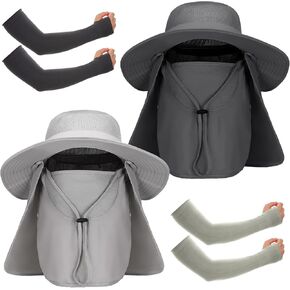 Men Fishing Hats with Arm Sleeves - 2 Packs Outdoor UV Sun Protection UPF 50+ Wide Brim Hat with Removable Face Cover & Neck Flap for Hiking Garden Beach in Kuwait
