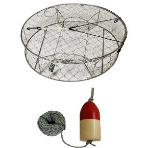 KUFA Stainless Steel Round Crab Trap 1/4" X 100' Lead Rope and 5"X11" Red/White Float