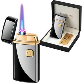 Torch Lighter, Jet Flame Butane Lighter and Dual Arc Lighter 2 in 1，USB Rechargeable Electric Lighter with Battery Indicator, Refillable Butane Windproof Lighter for Gifts (Without Butane)-Black