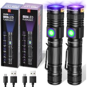 DARKBEAM UV Flashlight 365nm & 395nm Blacklight Rechargeable USB, Wood’s Lamp Ultraviolet Black Light LED Portable - Detector for Pet Cat Urine, Stains, Resin Curing, Uranium Glass, 2 Pack