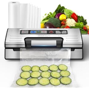 Vacuum Sealer Machine, 90kPa Food Sealer with Double Heat Seal for Dry/Moist Food, Easy-lock Handle, Built-in Bag Storage & Cutter, Progress Display, Removable Drip Tray, Stainless Steel Silver