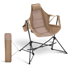 Hammock Camping Chair, Adjustable Back Swinging Chair, Folding Outdoor Rocking Chair, Heavy Duty Portable Camp Chair with Cup Holder and High Back for Adults, Beige