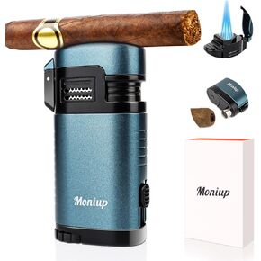 All-in-one Torch Cigar Lighter with Cigar Holder, Built-in Cigar Punch, Exquisite Festival Gift, Jet Triple Flame Adjustable Windproof Lighter, Butane Refillable Cool Lighters for Smoking, Candles