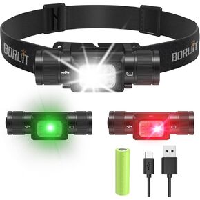 BORUIT HP360 Headlamp Rechargeable (Cob Red and Green) 7 Modes 2000lm Headlamp Hiking,Headlights Ip67 Waterproof Adjustable Headband,Convenient for Hunting and Running, Christmas Gift for Men