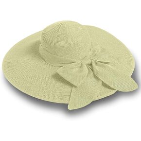 Straw Sun Hat for Women, Wide Brim UPF 50+ UV Protection Cap with Bow, Foldable Packable Floppy Beach Hat with Chin Strap