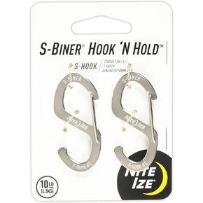 Nite Ize S-Biner Hook 'N Hold S-Hook, Stainless Steel S-Hook with Clip, Holds Keys Tumblers and More, Small 2 Pack