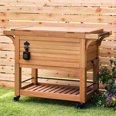 Tommy Bahama 100 Quart Wooden Backyard Oasis Insulated Rolling Cooler with Wheels, Attached Bottle Opener and Cap Catcher in Saudi Arabia