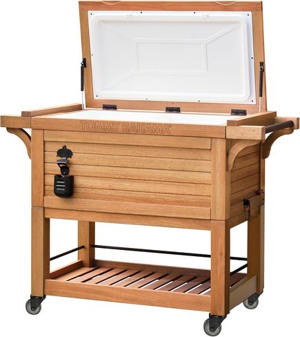 Tommy Bahama 100 Quart Wooden Backyard Oasis Insulated Rolling Cooler with Wheels, Attached Bottle Opener and Cap Catcher in Saudi Arabia