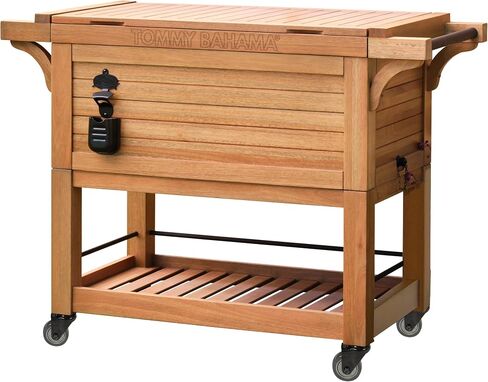 Tommy Bahama 100 Quart Wooden Backyard Oasis Insulated Rolling Cooler with Wheels, Attached Bottle Opener and Cap Catcher in Saudi Arabia