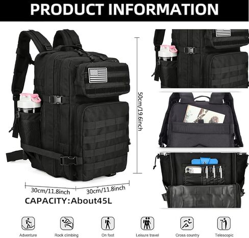 45L Tactical Assault Backpack 3 day assault pack with Molle Waterproof backpack Rucksack for Tactical Backpacks (Black-2) in Saudi Arabia
