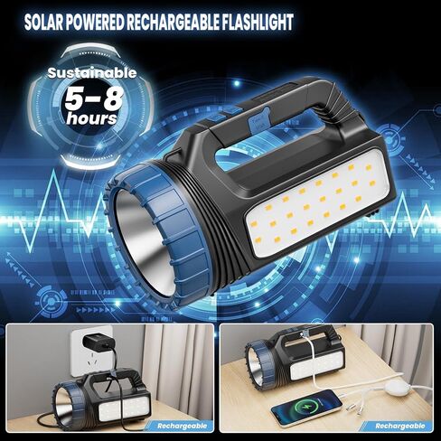 Solar Flashlights, Solar Flashlight Flashlights For Multi Function 8000 Lumens Led Flashlight With Emergency Strobe Light Emergencies, Led High Lumens, Usb C And Large Capacity Battery Fast Charging in Saudi Arabia