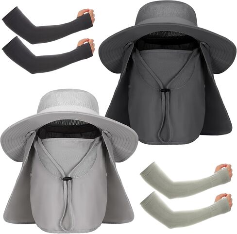 Men Fishing Hats with Arm Sleeves - 2 Packs Outdoor UV Sun Protection UPF 50+ Wide Brim Hat with Removable Face Cover & Neck Flap for Hiking Garden Beach in Kuwait