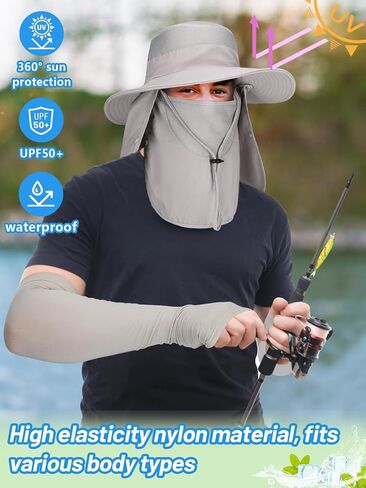 Men Fishing Hats with Arm Sleeves - 2 Packs Outdoor UV Sun Protection UPF 50+ Wide Brim Hat with Removable Face Cover & Neck Flap for Hiking Garden Beach in Kuwait