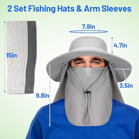 Men Fishing Hats with Arm Sleeves - 2 Packs Outdoor UV Sun Protection UPF 50+ Wide Brim Hat with Removable Face Cover & Neck Flap for Hiking Garden Beach in Kuwait