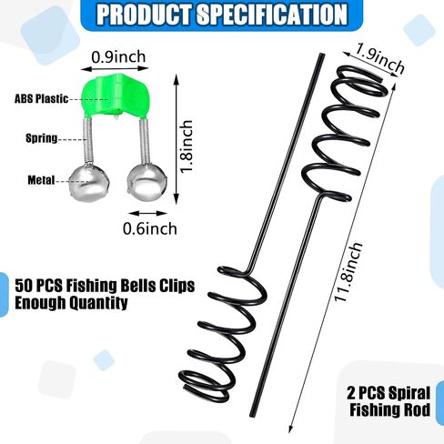 50 Pcs Plastic Fishing Bells Clips Fishing Rod Alarm with Dual Alert Bells and 2 Pcs Spiral Rod Holder Fishing Kit Heavy Duty Fishing Support Stand Holder Set in Saudi Arabia