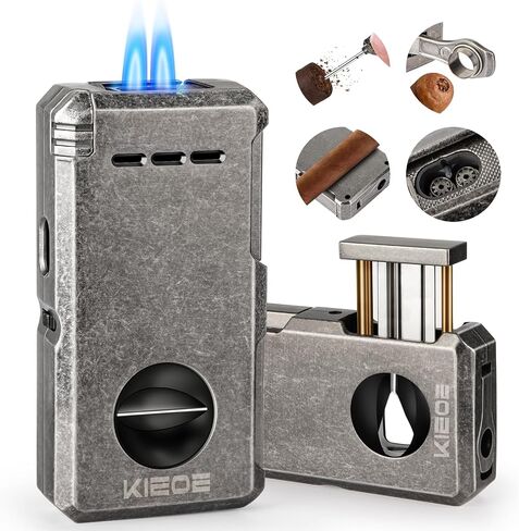 Torch Cigar Lighter,Double Butane Cigar Lighter with Cigar Punch Cigar Draw Enhancer Cigar Cutter V Cut,Windproof Adjustable Lighter for Smoking,Candle,Outdoor Cigar-Butane Not Inconcluded in Saudi Arabia
