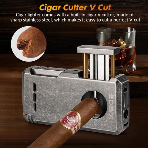 Torch Cigar Lighter,Double Butane Cigar Lighter with Cigar Punch Cigar Draw Enhancer Cigar Cutter V Cut,Windproof Adjustable Lighter for Smoking,Candle,Outdoor Cigar-Butane Not Inconcluded in Saudi Arabia