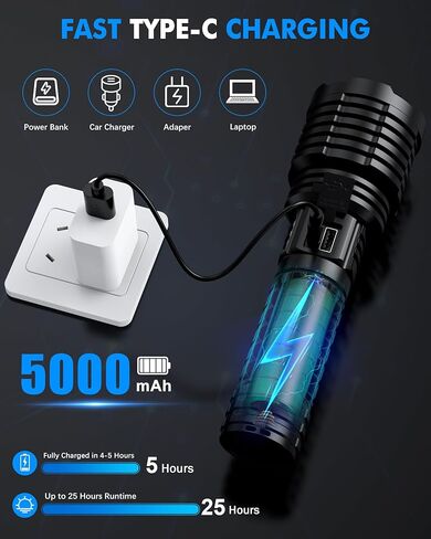 مصابيح LED فائقة السطوع قابلة لإعادة الشحن بقوة 2500000 لومن عالي، مصباح يدوي تكتيكي قوي يصل إلى 25 ساعة عمر بطارية طويل|قابل للتكبير|5 أوضاع إضاءة|IP67 مقاوم للماء، مصباح يدوي عالي الطاقة للتخييم في المنزل in Kuwait