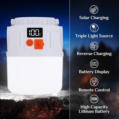 مصباح يدوي للتخييم LED محمول بالطاقة الشمسية، جهاز تحكم عن بعد، قابل لإعادة الشحن عبر USB، بنك طاقة 800 مللي أمبير في الساعة، 24 مصباح LED، 1000LM، 5 أوضاع، IP55 مقاوم للماء للتخييم والمشي لمسافات طويلة وصيد الأسماك والطوارئ in Kuwait