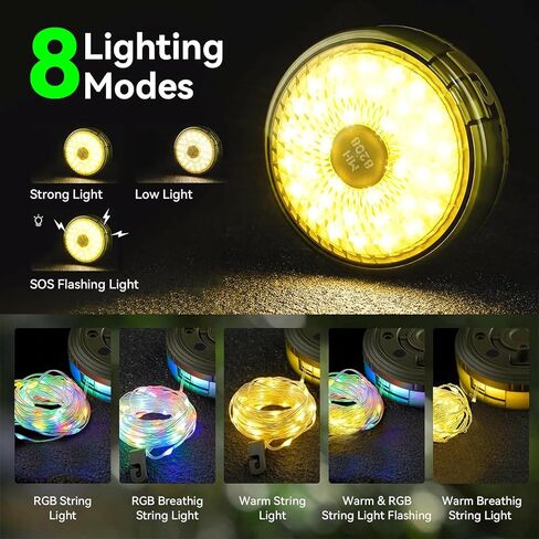 LED String Lights, Camping Lantern USB Rechargeable, 2 in 1 Portable Outdoor Light with 8 Lighting Modes, IP67 Waterproof, Camping Light for Tent, Party, Indoor Outdoor Decorating - Gray in Saudi Arabia