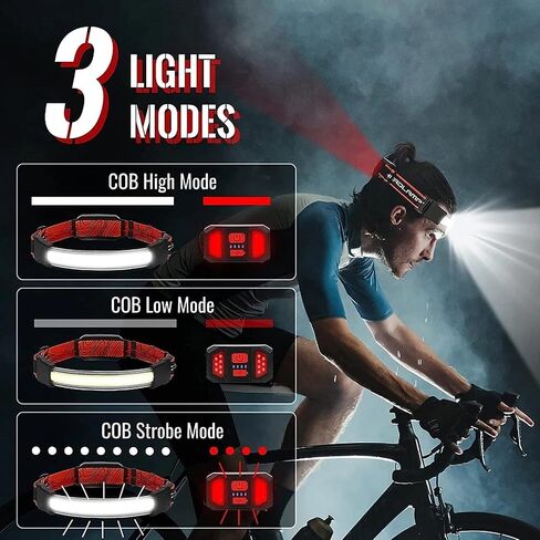 مصباح أمامي LED قابل لإعادة الشحن من WINDFIRE بإضاءة 210 درجة وشعاع عريض 5000 لومن فائق السطوع COB ضوء أمامي مع ضوء أحمر خلفي 3 أوضاع خفيف الوزن مقاوم للماء للمشي لمسافات طويلة والتخييم والجري in Saudi Arabia