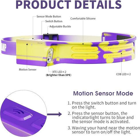 LED Headlamp, USB Rechargeable Head Lamp, 230° Wide Beam Motion Sensor Headlight, Super Bright Outdoor Waterproof Flashlight for Camping, Running, Repairing, Hiking, Fishing, Reading in Kuwait