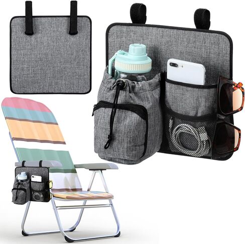 Beach Chair Cup Holder Phone Holder Universal Water Bottle Holder 4 Pockets Nylon Chair Armrest Drink Holder with 2 Self Adhesive Strap for Patio Lounger, Foldable Camping Chair (Light Gray) in Saudi Arabia