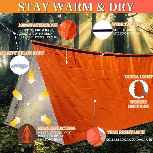 Emergency Survival Shelter Portable 2-Person Emergency Outdoor Tent Temporary Simple Sleeping Bag Warmth First Aid Blanket Can be Used as Survival Tent Emergency Warmth, Orange in Saudi Arabia