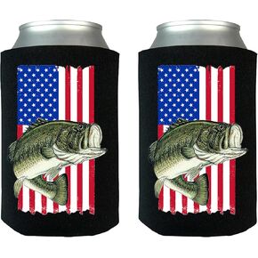 Rogue River Tactical USA Flag Bass Fishing Collapsible Can Bottle Beverage Cooler Sleeves 2 Pack United States of America Fishing