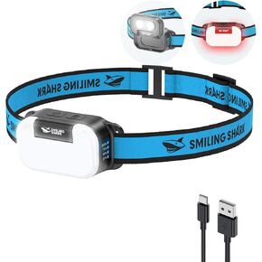 Smiling Shark Headlamp Rechargeable, TD-0151 LED Head Lamp Rechargeable Flip-top Design with White & Warm & Red Floodlight and Spotlight Waterproof for Adults Child Camping Hiking Running Repairing