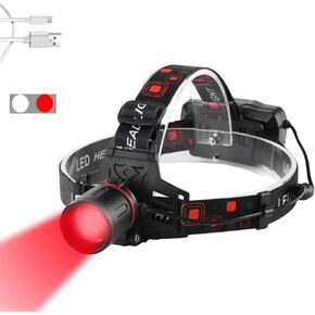 Rechargeable Headlamp with Red and White Light, Tactical Hunting Headlamps Red LED Headlight Zoomable Red Light Head Torch for Hunting, Night Vision, Astronomy, Camping(White & Red LEDs)