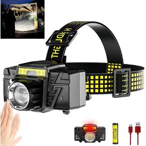 Headlamp Rechargeable 10000 Lumens, Bright Head Lamps Outdoor Motion Sensor Led Headlight,5 Modes Zoomable Mutifunction Headlamps with Carabiner,Red Warn Light head flashlight for Camping Running