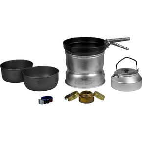 Trangia - 25-0 Ultralight Hard Anodized Camping Cookset | Includes: Alcohol Stove, 2 HA Pots, Non-Stick Frypan, Kettle, Upper & Lower Windshield, Pot Gripper, & Strap