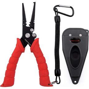 Fishing Pliers, Stainless Steel Fishing Tools, Saltwater Resistant Fishing Gear, Tungsten Carbide Cutters, Split Ring Pliers, Hook Remover with Coiled Lanyard and Sheath (Red - 7" Split Ring Nose)