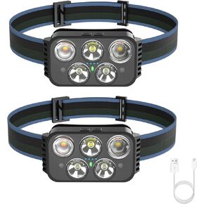 Headlamp Rechargeable, 400 Lumen Super Bright Motion Sensor LED Headlamps, Waterproof Head Flashlights with White Red Light, 6 Modes Headlamp Flashlight for Camping Cycling Running-2 Pack