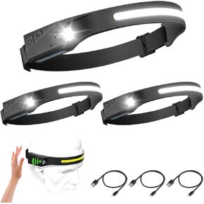 ALFU 3PCS Rechargeable LED Headlamp with All Perspectives Induction 230° Illumination,Wide-Beam 350 Lumen Super Bright, 5 Light Modes,Weatherproof Sensor Camping Headlamps,for Hiking Cycling Fishing
