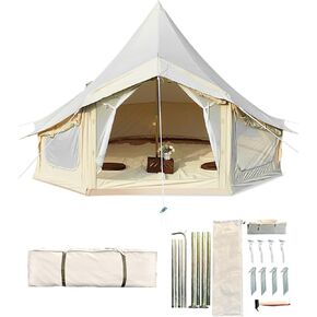 Canvas Bell Tent, 4 Seasons Yurt Tent with 2 Stove Jack, 4 Mesh Zippers Windows, Breathable Waterproof Tent Suitable for 4-12 People, Family Camping Outdoor Party